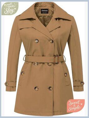 Plus Size Double Breasted Trench Coat Mid-Length Belted Overcoat Detachable Hood